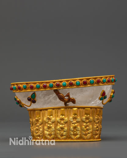 front view Tibetan Crystal Kapala with gold-plated base and semi-precious stones
