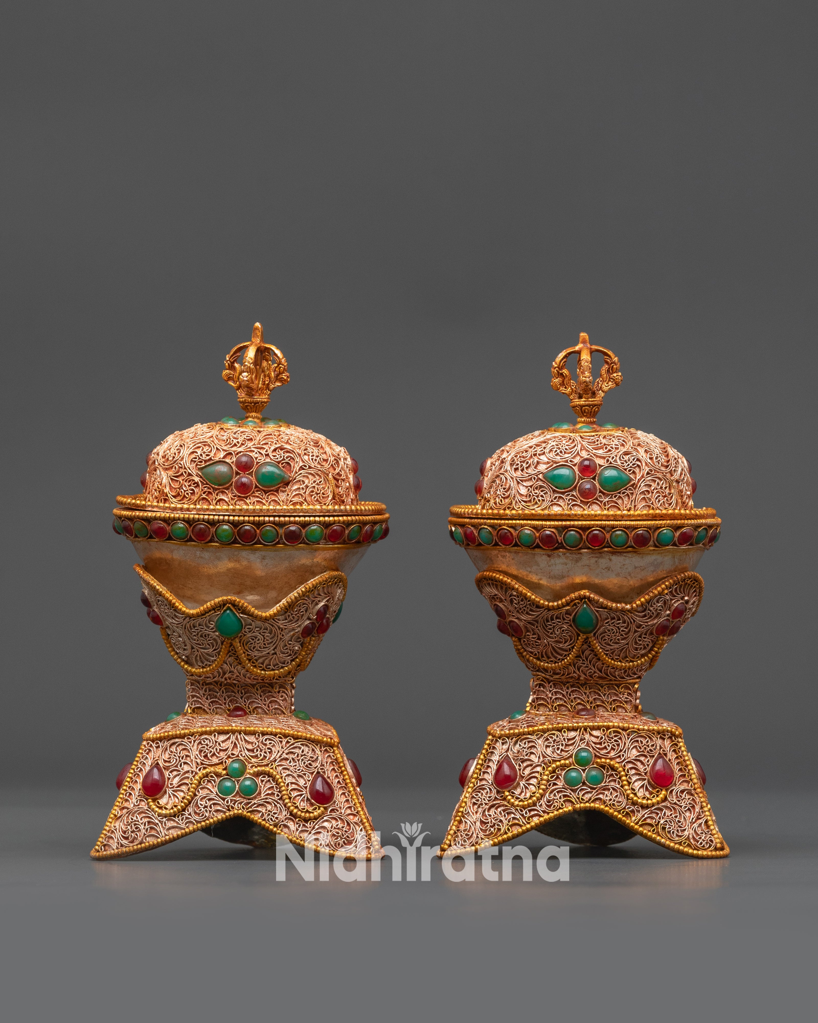 front view Tibetan Kapala Set with silver and gold-plated finish for tantric rituals
