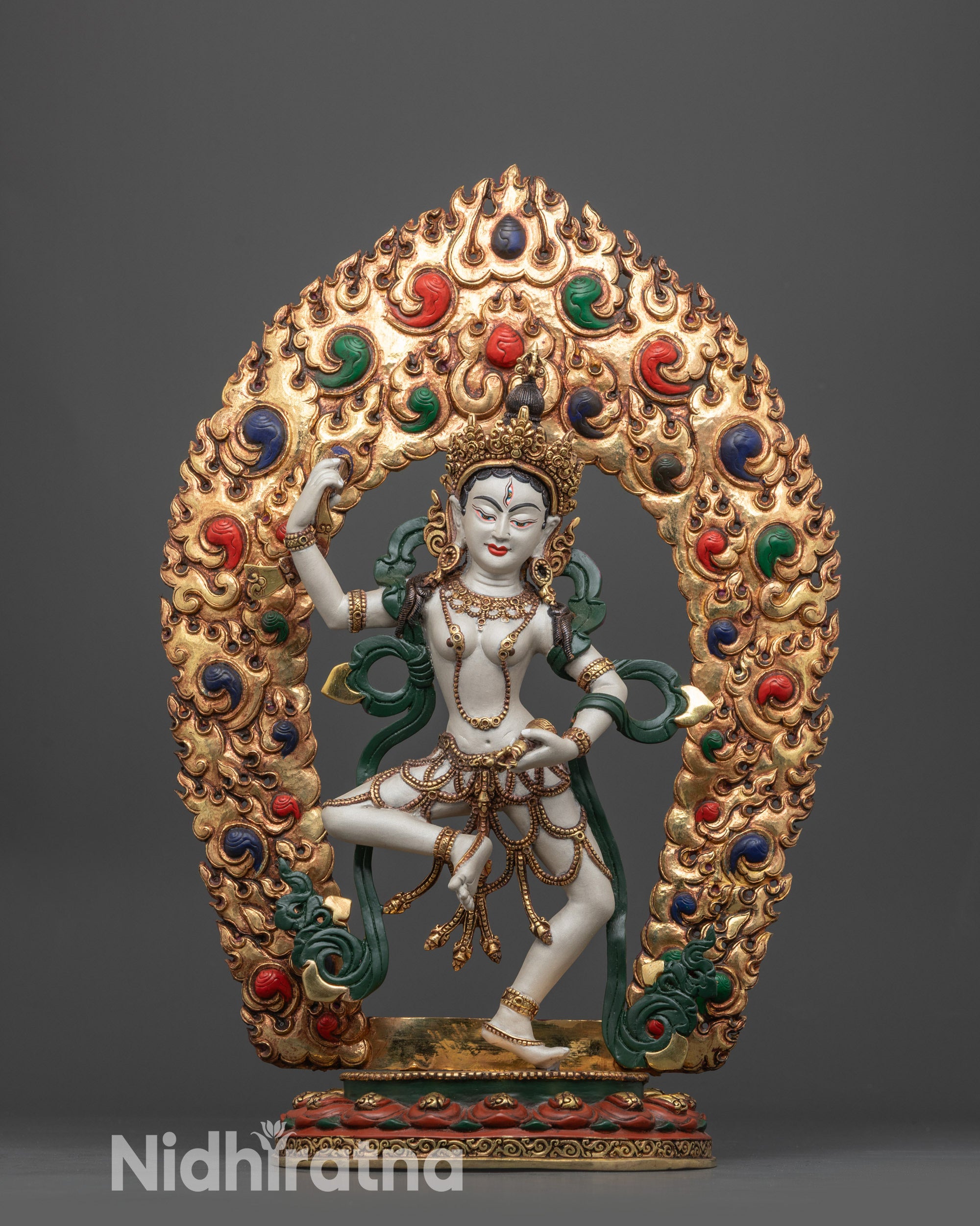 front view Tibetan Standing Machig Labdron Statue with gold crown and halo
