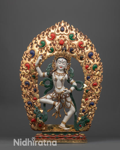 front view Tibetan Standing Machig Labdron Statue with gold crown and halo
