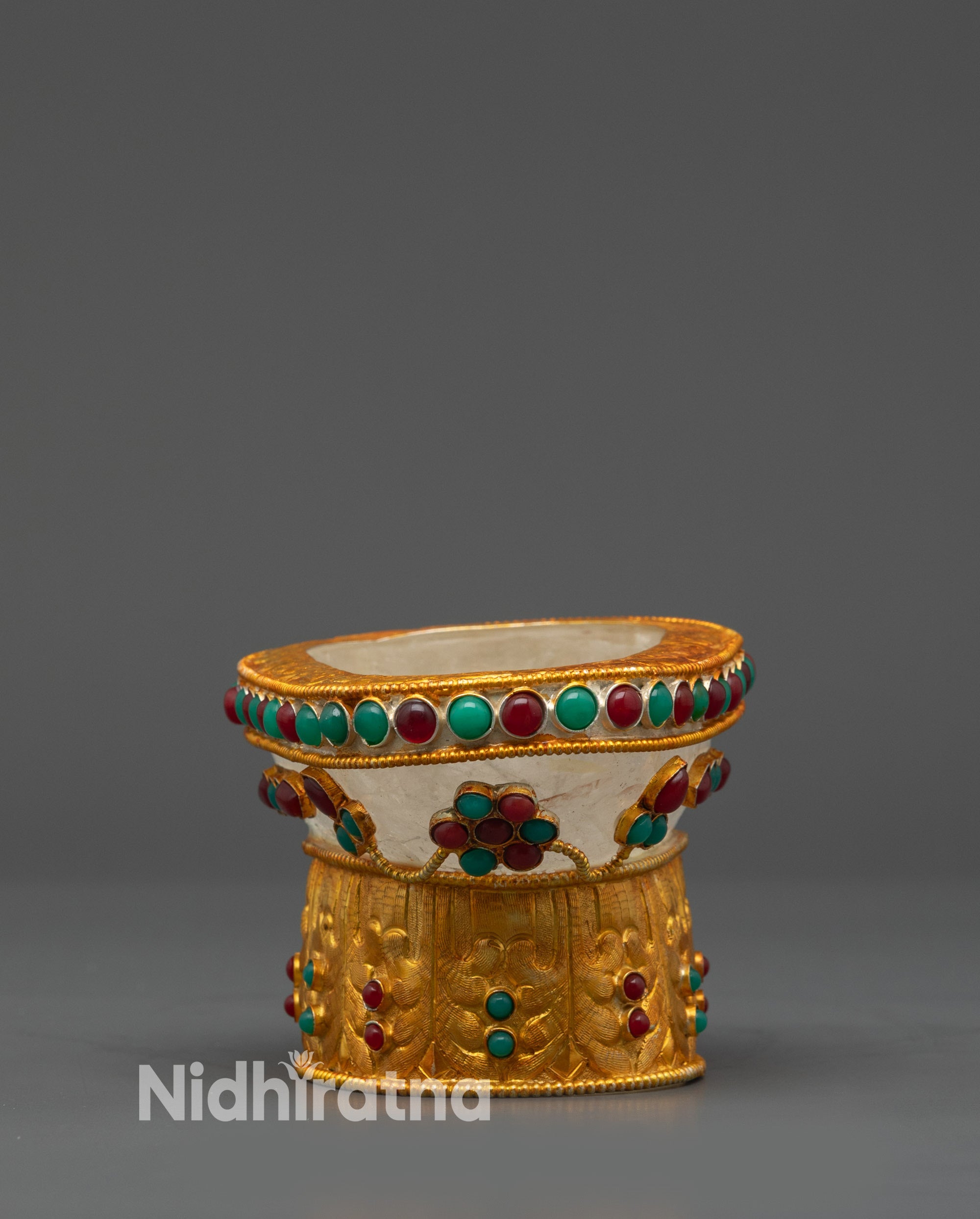 front view Tibetan gold-plated Kapala with crystal base and semi-precious stones

