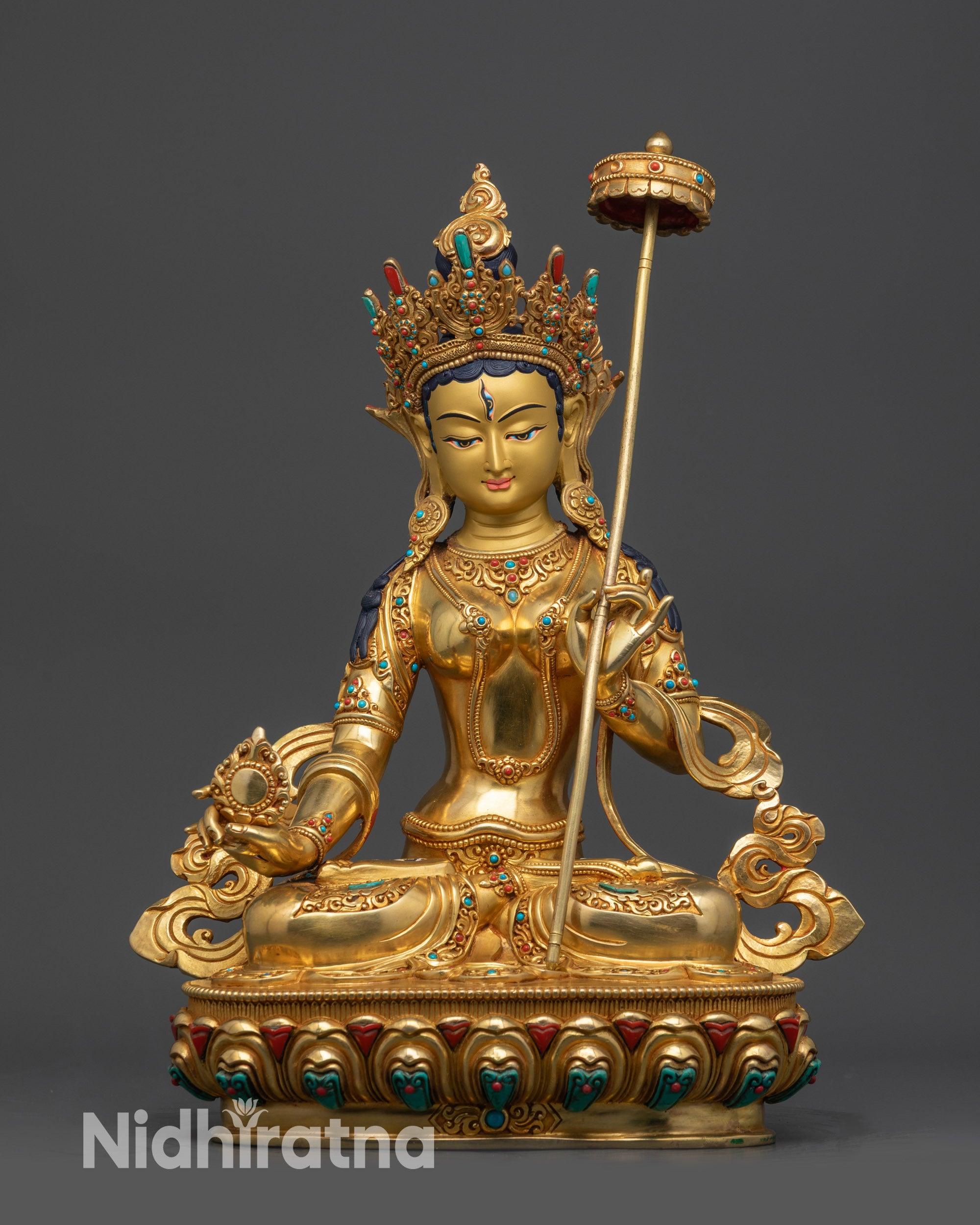 front view Ushnisha Sitatapatra Dukkar statue with gold gilded face and lotus seat