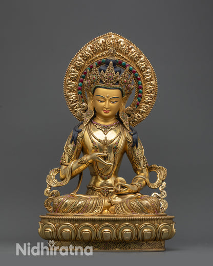 front view Vajrasattva Dorje Sempa statue 24k gold fire-gilded body on lotus seat
