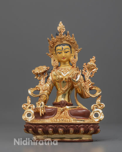 front view White Tara Statue with gold-gilded face and seven eyes, full-body handcrafted sculpture