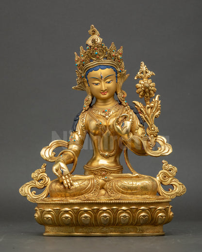 front view White Tara Statue with seven eyes holding utpala flower gold-gilded copper