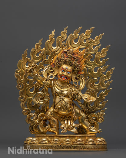 front view Wrathful Vajrapani statue with gold-gilded face and blazing halo
