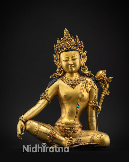 front view avalokiteshvara statue gold gilded with lotus and five jeweled crown