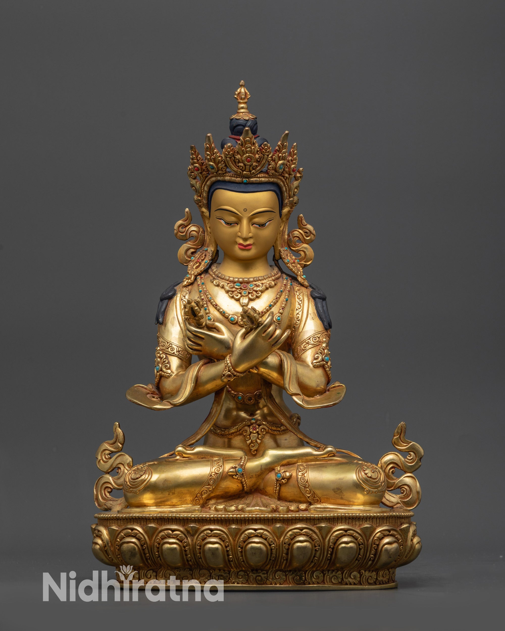 front view gold-gilded Vajradhara Buddha statue on lotus pedestal handmade in Nepal