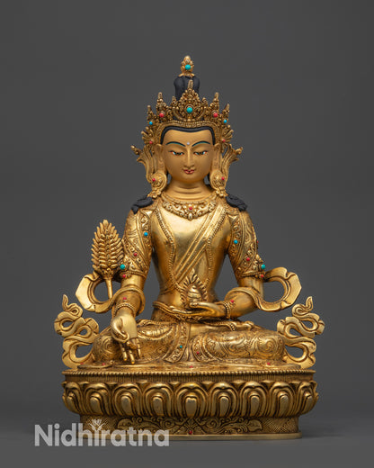front view kshitigarbha statue on lotus pedestal with gold-gilded face
