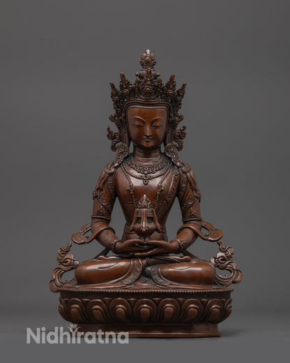 front view of Amitayus Buddha statue with oxidized copper finish and detailed lotus base
