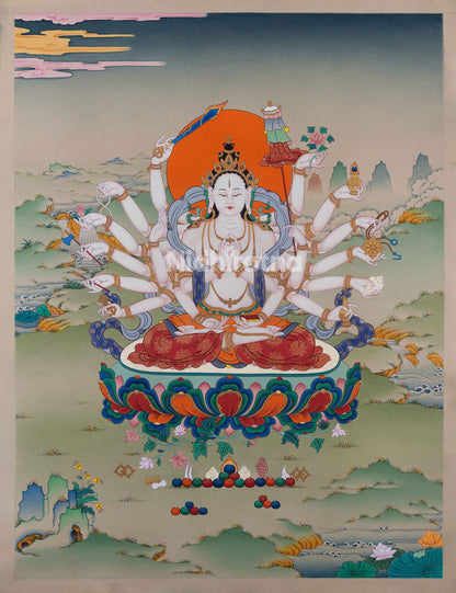 front view of Chundi thangka print showing 18-armed deity seated on lotus with floral background