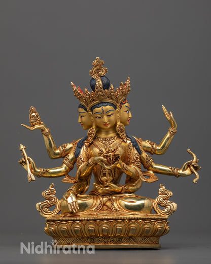 front view of Namgyalma statue with three faces and eight arms on lotus seat