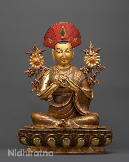 front view of Nyamme Sherab Gyaltsen Statue with gold-gilded face and lotus seat on copper base