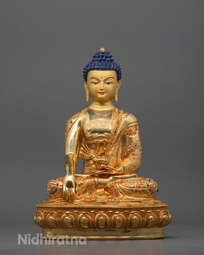 front view of Shakyamuni Tathagata Buddha Statue with gold-gilded face and copper base