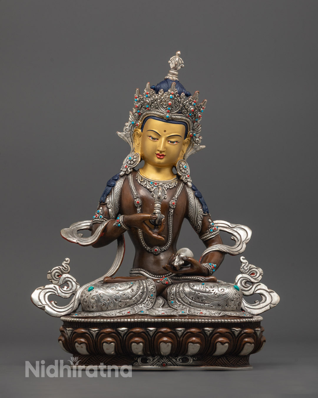 front view of Vajrasattva Statue with 24K gold-gilded face, nectar vase, and lotus throne