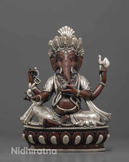 front view of exclusive lord ganesha statue with silver crown and lotus seat for home altars