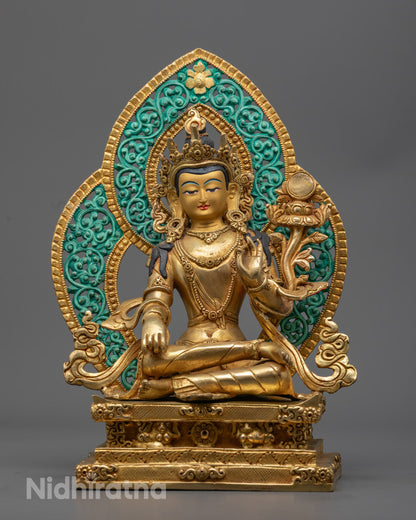front view of handcrafted Bodhisattva statue with gold-gilded face and lotus throne
