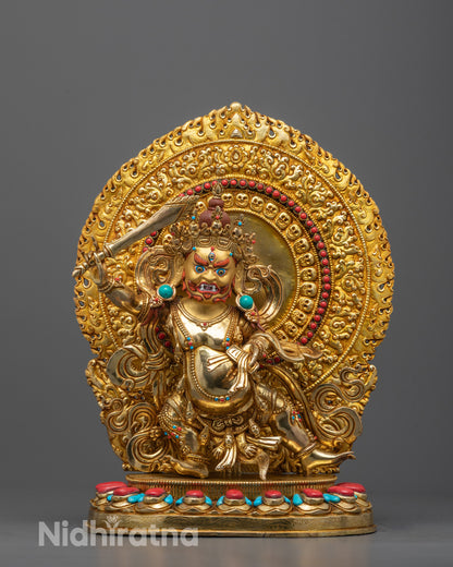 front view of handcrafted wrathful manjushri statue with gold gilded body and lotus base