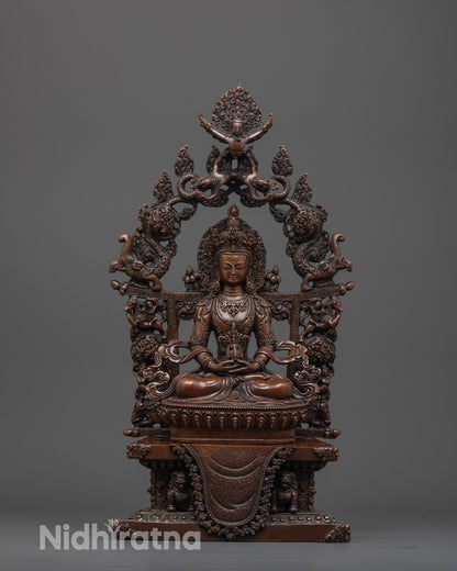 front view of oxidized Amitayus statue seated on lion throne with halo and nectar vase
