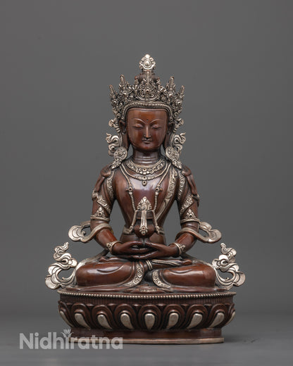 front view of oxidized amitayus buddha statue with silver-plated lotus seat and crown