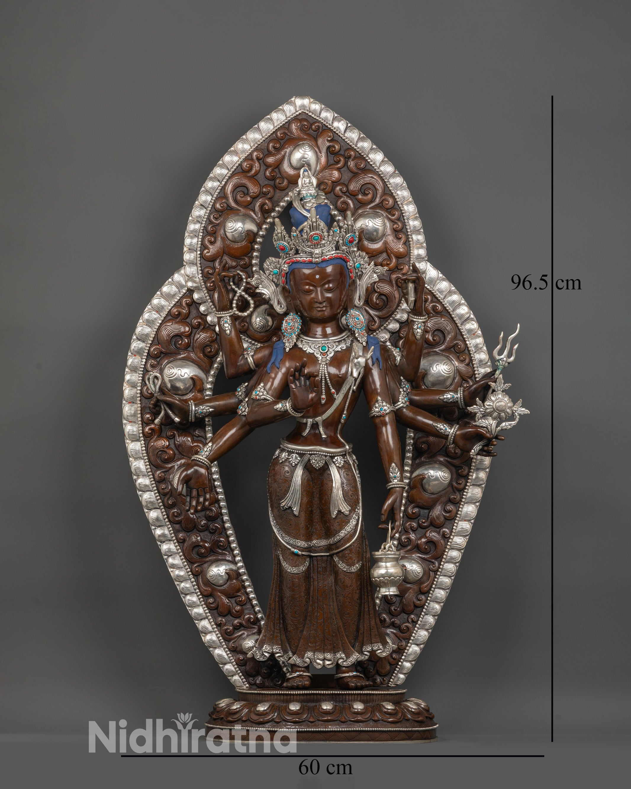 front view of oxidized amoghapasa lokeshvara statue with silver-plated finish and lotus seat