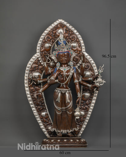 front view of oxidized amoghapasa lokeshvara statue with silver-plated finish and lotus seat