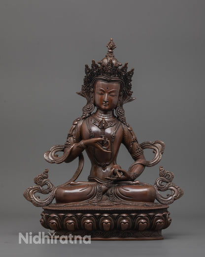 front view of oxidized dorje sempa statue handmade in nepal with dark copper shine
