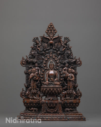 front view of oxidized shakyamuni buddha statue with disciples and lotus throne