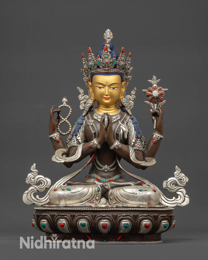 front view oxidized Chenrezig statue with 24K gold-gilded face on lotus pedestal