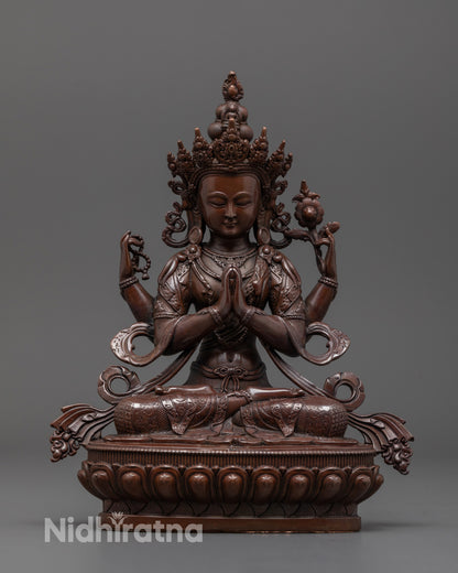 Front view of machine-made oxidized Chenrezig statue with detailed electroplated finish