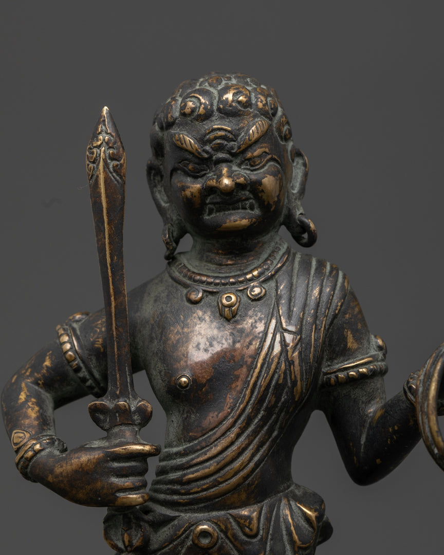 Fudo Myoo Statue regular close up showing handcrafted Acala details and antique finish