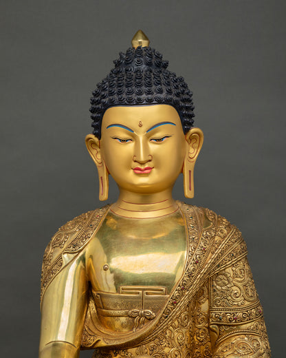 Full body Shakyamuni Buddha copper statue in meditation pose, front facing view