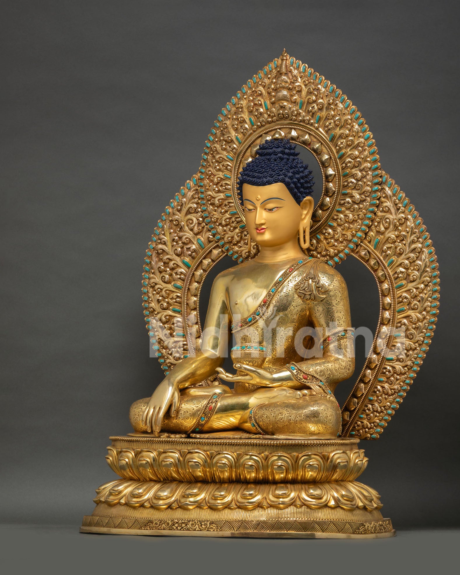 Full Buddha Shakyamuni Statue with scrolling motif halo and solid copper construction