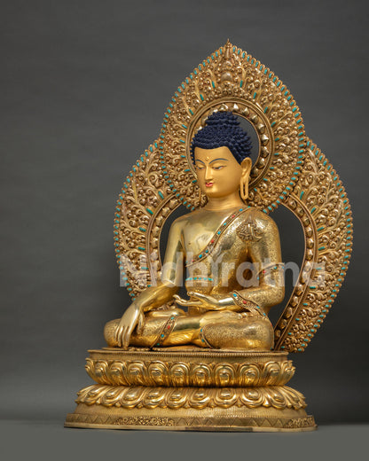Full Buddha Shakyamuni Statue with scrolling motif halo and solid copper construction