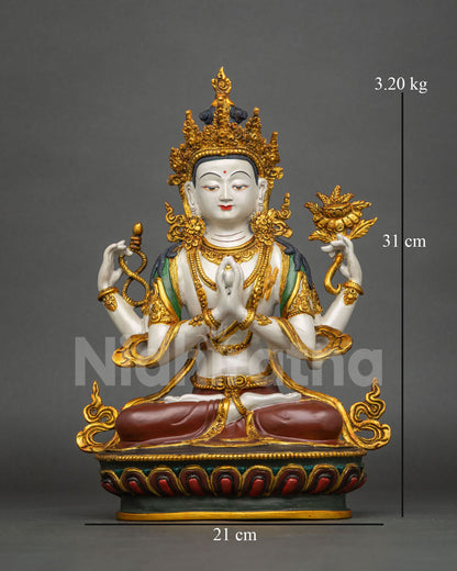 Full front view of four-armed Chenrezig statue, hand-painted copper with gold accents on lotus base