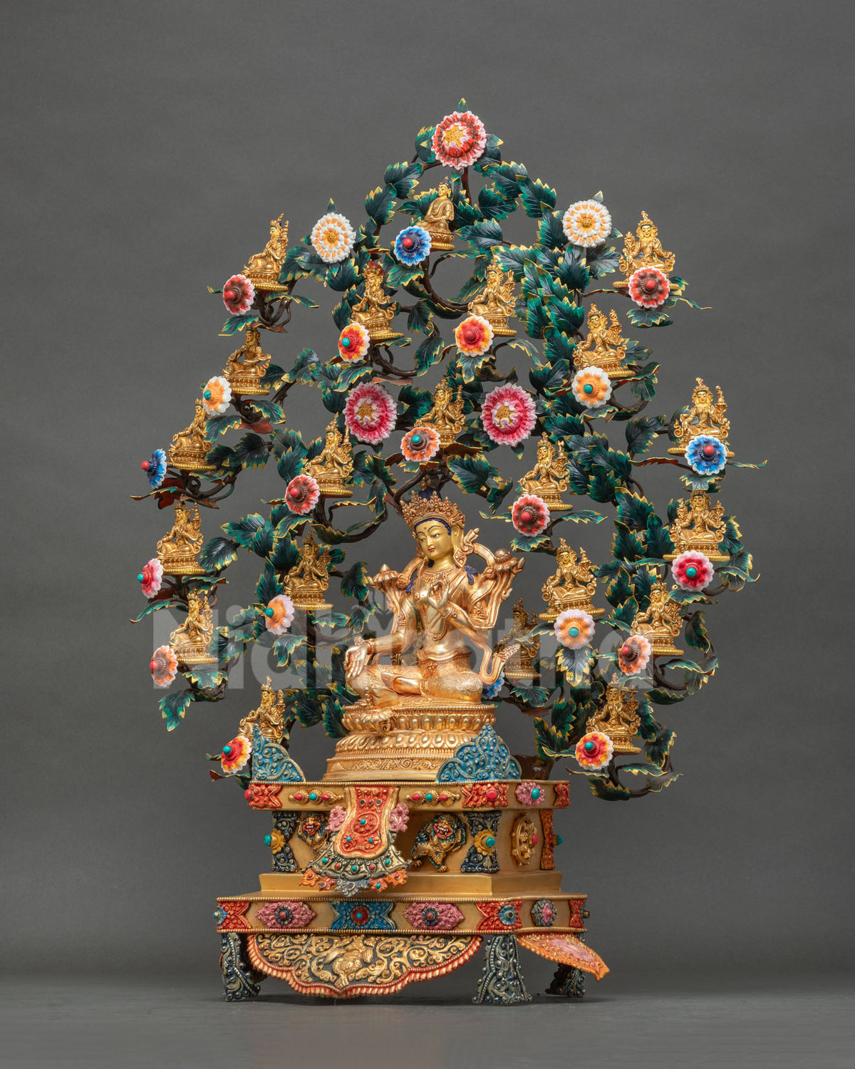 Full view of 21 Tara Statue Set with gold gilded Taras among hand-painted flowers