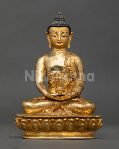 Full view of Amitabha Buddha Statue, copper Nepal sculpture with gold fire-gilded finish on lotus throne