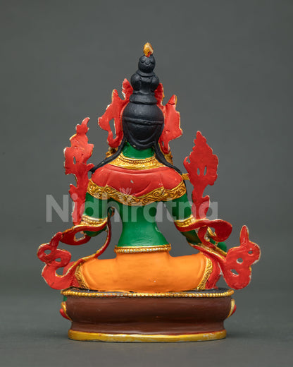 Full view of copper Green Tara statue with acrylic finish and Newari artistry.