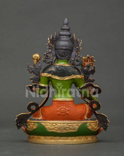 Full view of copper Green Tara statue with acrylic finish and traditional Newari art.