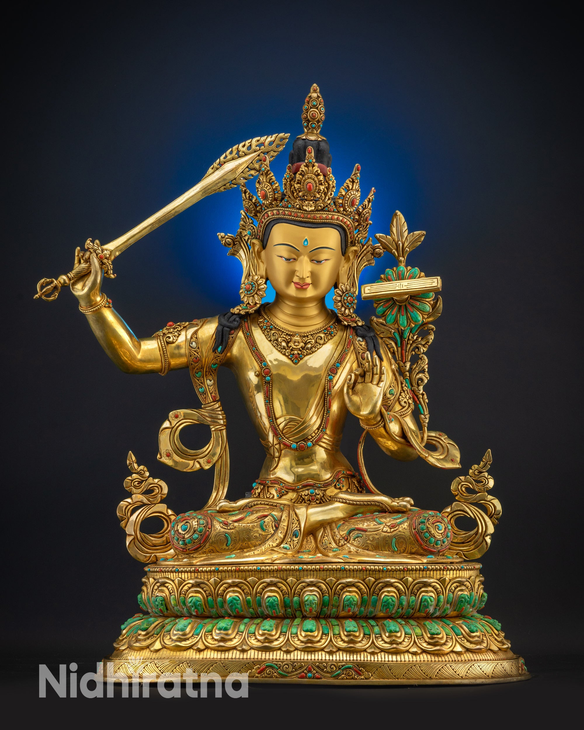 full view Bodhisattva Manjushri statue gold-gilded Tibetan Buddhist sculpture
