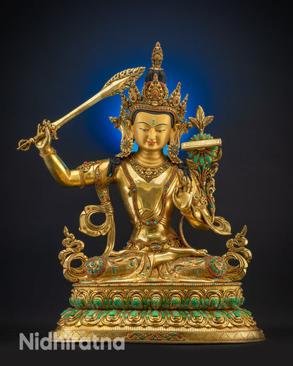 full view Bodhisattva Manjushri statue gold-gilded Tibetan Buddhist sculpture
