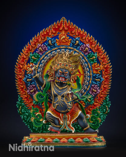 full view Vajrapani statue on lotus pedestal with vibrant colors and gold accents
