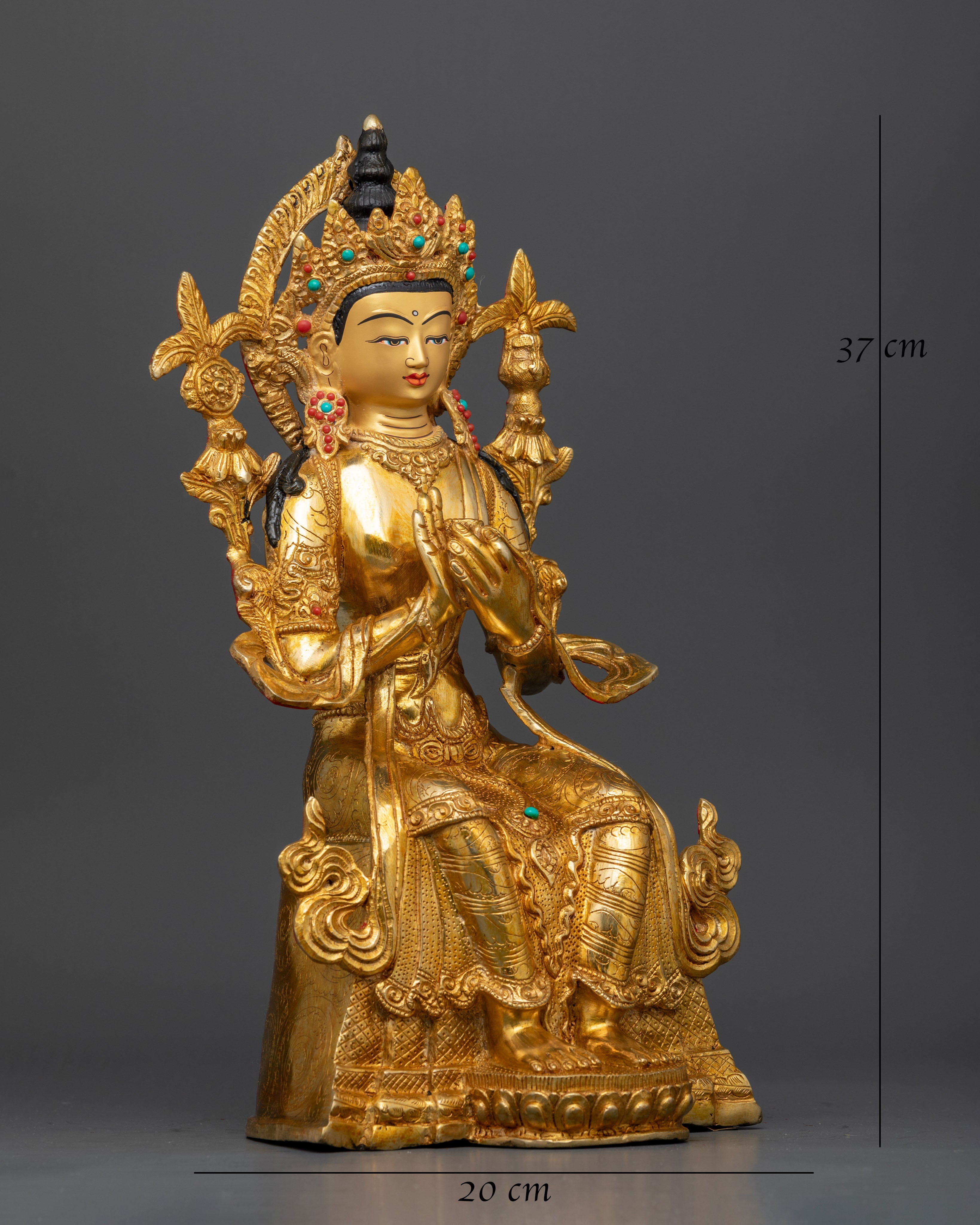 Future Buddha Maitreya statue with serene gold-painted face and Dharma Chakra Mudra handcrafted in Nepal