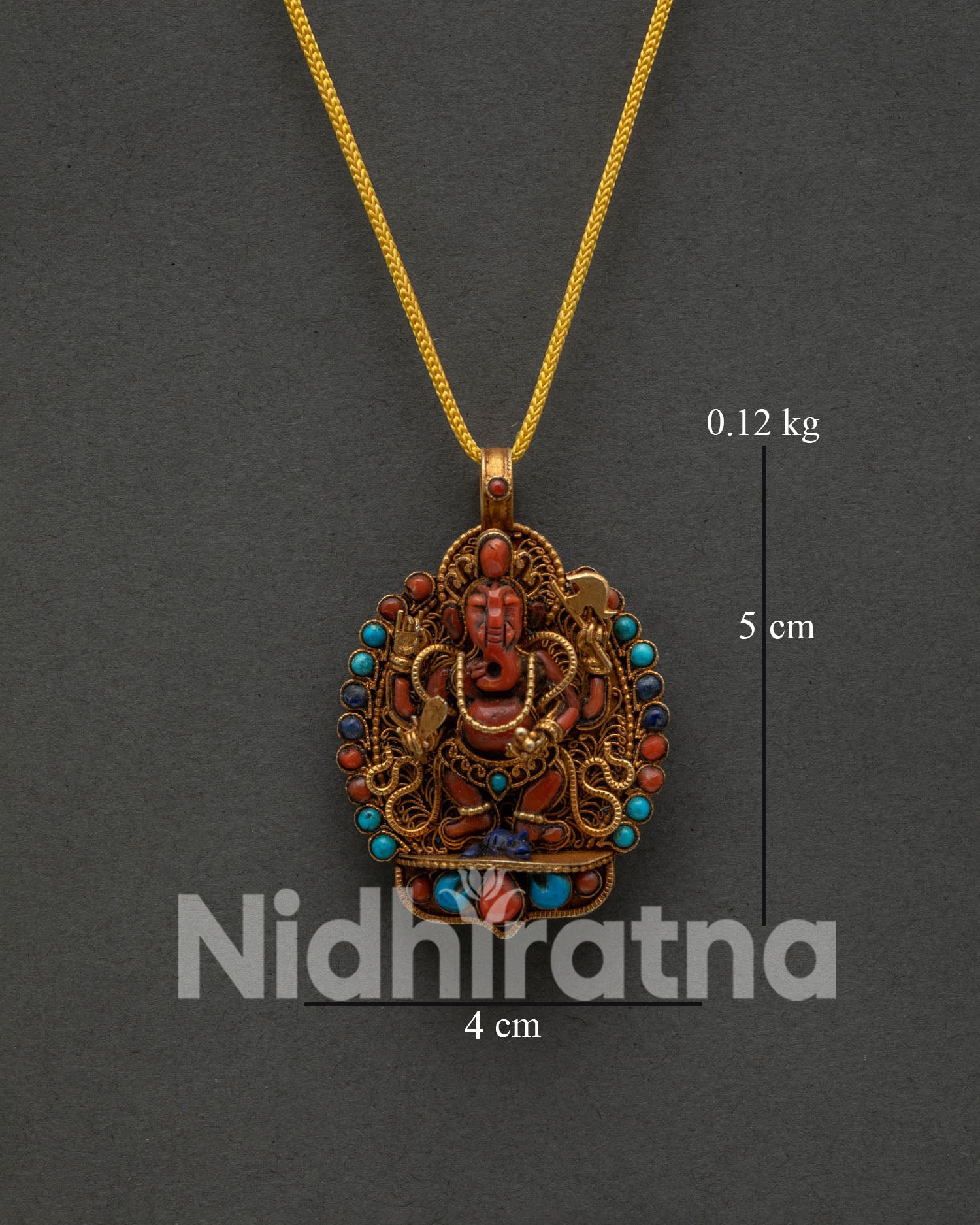 Ganesh Locket Cast in Copper with Gold Plated Finish Adorned with Coral Turquoise and Lapis Lazuli Inlay