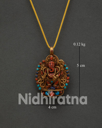Ganesh Locket Cast in Copper with Gold Plated Finish Adorned with Coral Turquoise and Lapis Lazuli Inlay