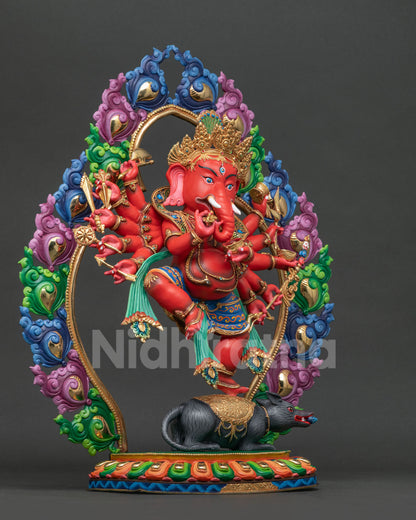 Ganesh statue right view showing twelve arms dancing posture and gemstone details.