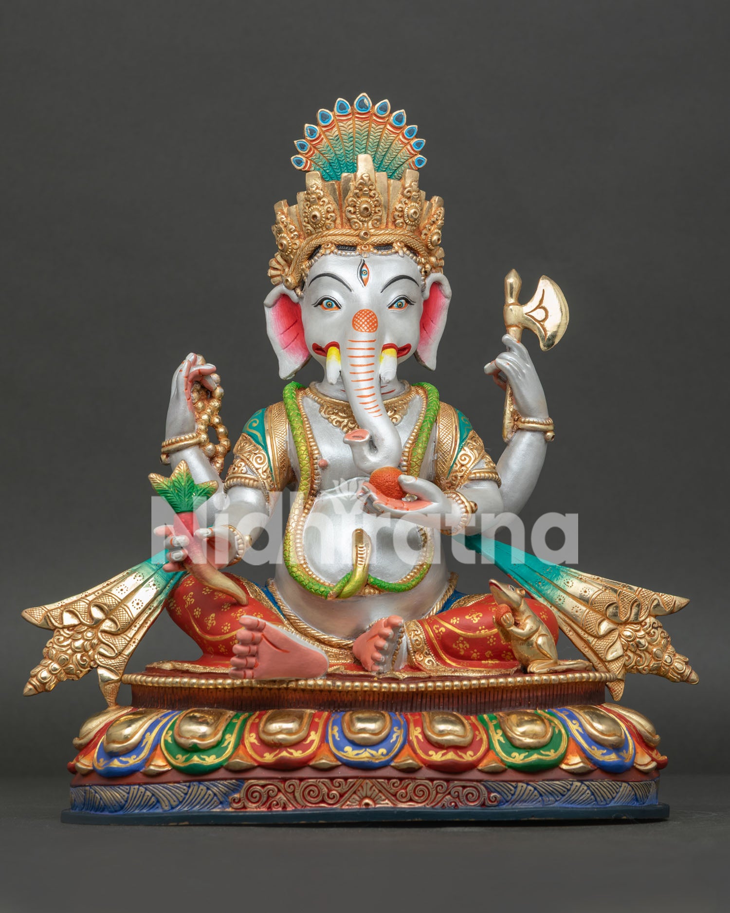 Ganesh statue with gold gilding and acrylic colors on a double lotus throne from Nepal