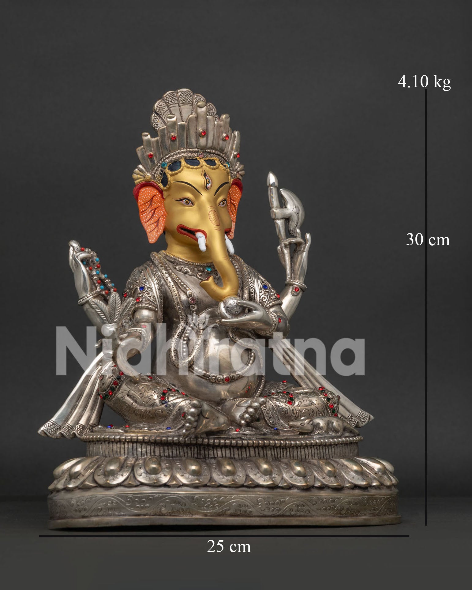 Ganesh statue right side view displaying handmade Nepali elephant deity with carved lotus throne