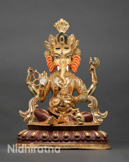 Ganesha statue front view, lost wax casting, copper sculpture, gold-painted face, oxidized finish, Nepal handmade