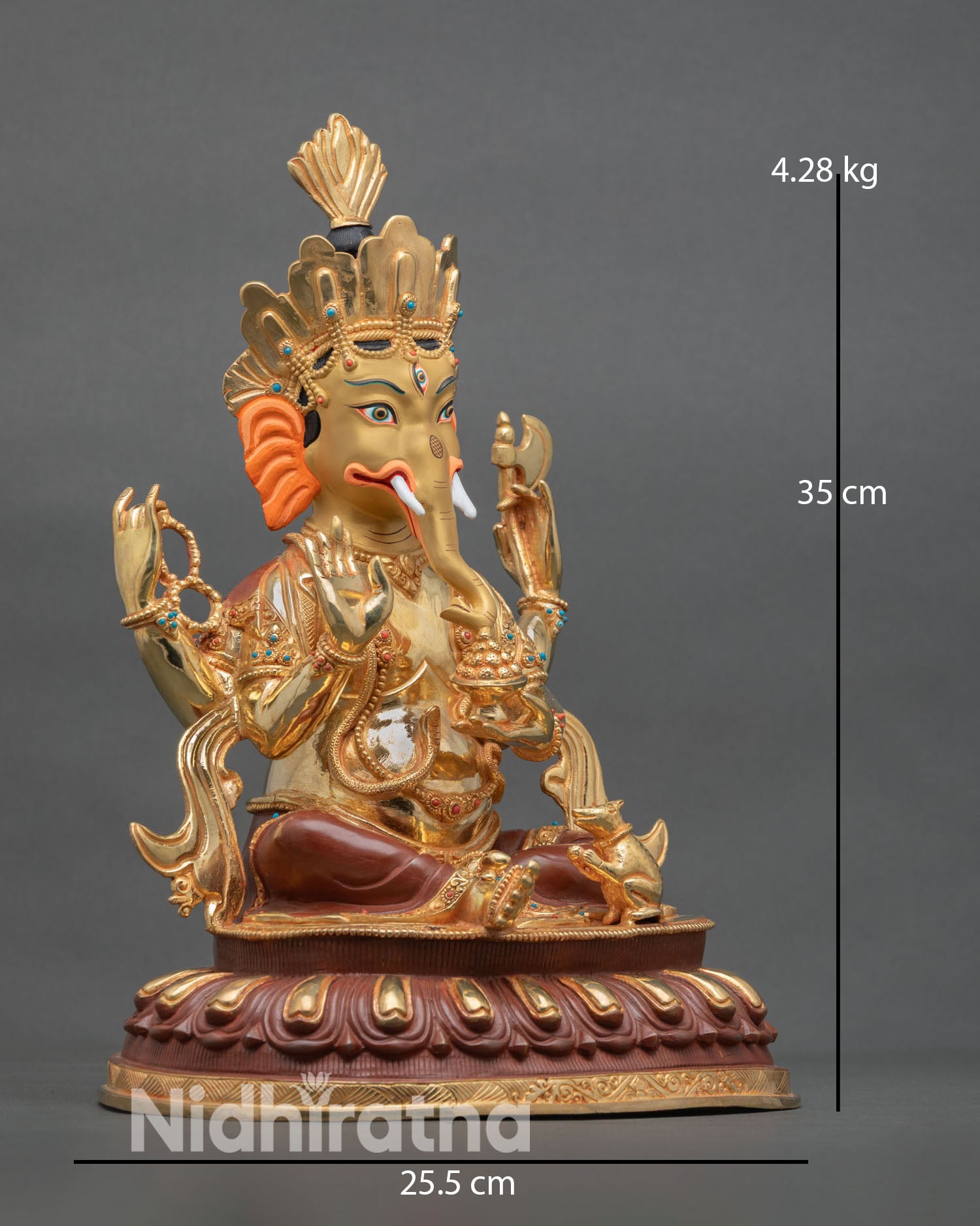Ganesha statue side view four armed Lord Ganesh royal ease posture lotus throne spiritual home decor copper